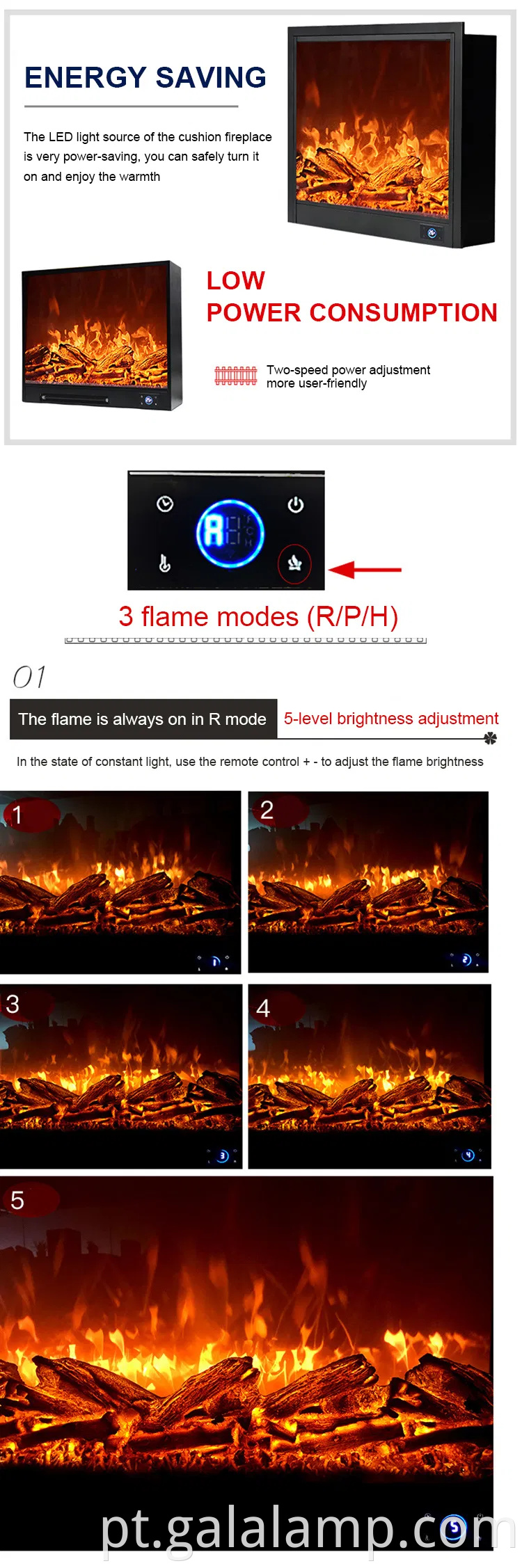 Lareira elétrica moderna e moderna com simulação de chama realista